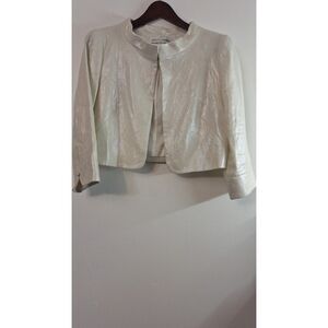 SARA CAMPBELL Women 100% Linen Metallic Silver/White Open Crop Formal Blazer 6